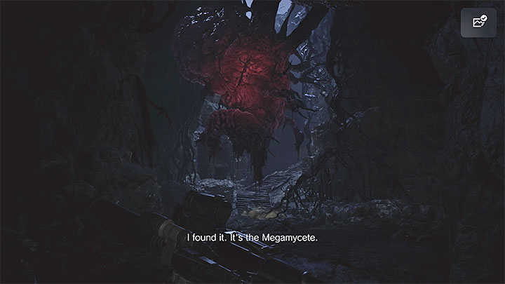 In the campaign's finale, Chris finds the Megamycete in the caves beneath the village, a large living creature responsible for animating, mutating and empowering enemy characters encountered throughout the game - Resident Evil Village: The ending - walkthrough description - Finale - Resident Evil Village Guide