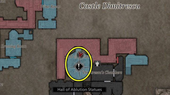 The location of solving the Hall of Ablution Statues puzzle is shown in the attached images - Resident Evil Village: 4 Statues Puzzle - Hall of Ablution Statues - Puzzle solutions - Resident Evil Village Guide