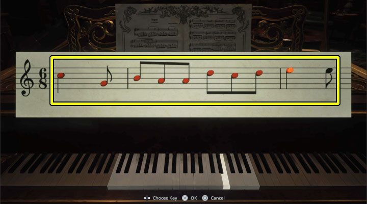Observe the dots that appear on the notes, which are a huge help as far as the correctness of the key selection is concerned - Resident Evil Village: Piano Puzzle - Opera Hall - Puzzle solutions - Resident Evil Village Guide