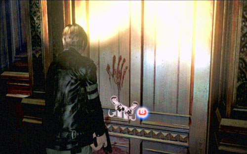 Follow the desperate father until you reach the door with bloody hand mark on it - Chapter 1 - The Campus | Leons campaign - Leons campaign - Resident Evil 6 Game Guide