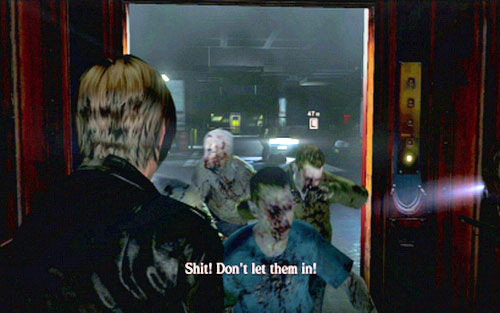 When the elevator stops, open the door and kick off attacking zombies - Chapter 1 - The Campus | Leons campaign - Leons campaign - Resident Evil 6 Game Guide