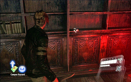 In the next room youll find a large bookshelf - there is a Campus Keycard on one of its shelves - Chapter 1 - The Campus | Leons campaign - Leons campaign - Resident Evil 6 Game Guide