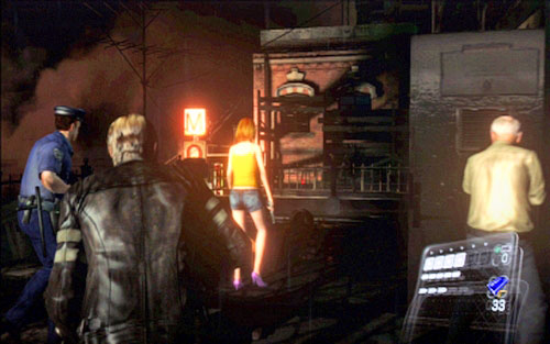 After killing a large group of enemies, use the emergency stairs and go down to reach the bus there - Chapter 1 - City Streets | Leons campaign - Leons campaign - Resident Evil 6 Game Guide