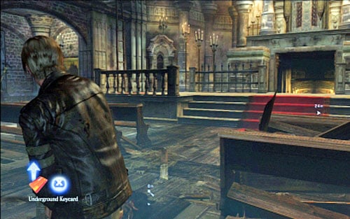 Next to the corpse youll find a key card, which opens the door under the altar - Chapter 2 - The Cathedral | Leons campaign - Leons campaign - Resident Evil 6 Game Guide