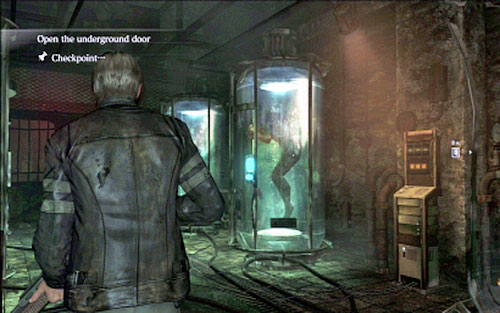 After short march youll reach a room with large tanks, where youll watch a short cut-scene - Chapter 2 - Underground Laboratory | Leons campaign - Leons campaign - Resident Evil 6 Game Guide