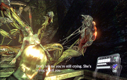 During the ride you have to perform three actions: avoid obstacles (X+A), shoot barrels on tracks and shoot Deborahs yellow glands when she lands on the cart - Chapter 2 - Underground Laboratory | Leons campaign - Leons campaign - Resident Evil 6 Game Guide