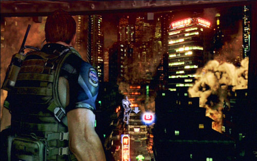 Right after cut-scene press B to slide down the rope to the buildings rooftop and then head to the direction indicated by soldiers - Chapter 1 - City Alleys | Chriss campaign - Chriss campaign - Resident Evil 6 Game Guide