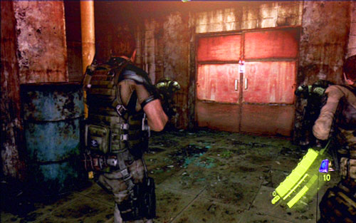 Together with the rest of team you have to go to the bottom of the building and go outside through the large red door - Chapter 1 - City Alleys | Chriss campaign - Chriss campaign - Resident Evil 6 Game Guide