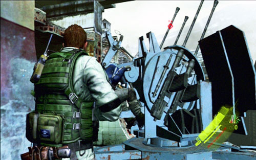 Once you regain control over your character, turn back and run to the indicated building on the right - Chapter 2 - Gun Turrets | Chriss campaign - Chriss campaign - Resident Evil 6 Game Guide