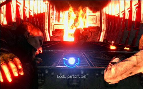 After the explosion your character will be hanging from the plane and a moment later a parachute will start sliding towards him - Chapter 1 - On The Plane | Jakes campaign - Jakes campaign - Resident Evil 6 Game Guide