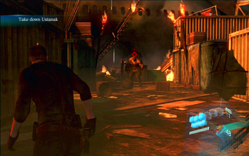 At the very beginning of the fight climb up the ladder on the left and push the crate full of gas containers - Chapter 4 - Fight With Ustanak | Jakes campaign - Jakes campaign - Resident Evil 6 Game Guide