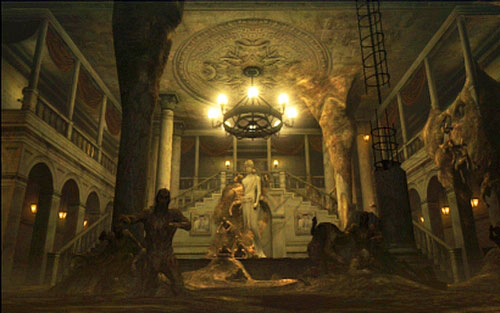 After reaching the hall with large statue, go to the left corridor and then take the right stairs - Chapter II | Emblems - Chris - Emblems - Chris - Resident Evil 6 Game Guide