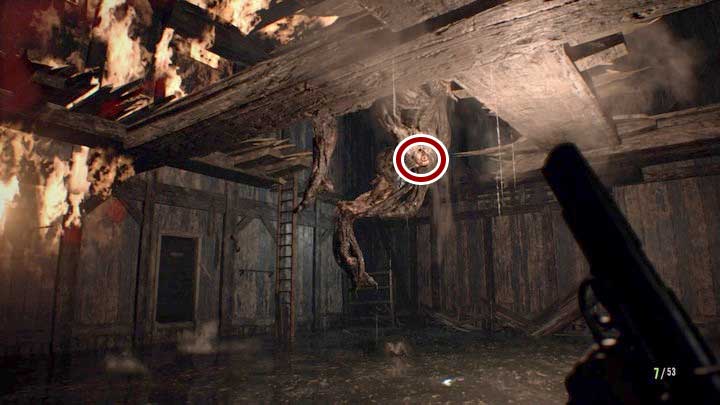 The eye located near where the tail starts may be the most difficult one to shoot - Resident Evil 7: Testing area and boat house walktrough - Resident Evil VII Walkthrough - Resident Evil 7 Guide, Walkthrough