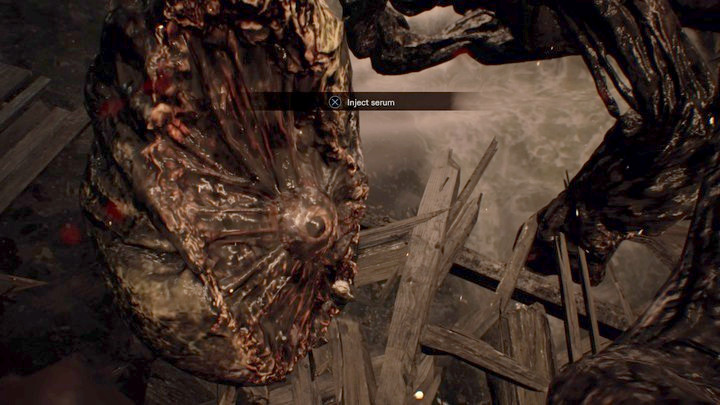 When the option to use the serum on the monster pops up do it as fast as you can, otherwise you will die - Resident Evil 7: Testing area and boat house walktrough - Resident Evil VII Walkthrough - Resident Evil 7 Guide, Walkthrough