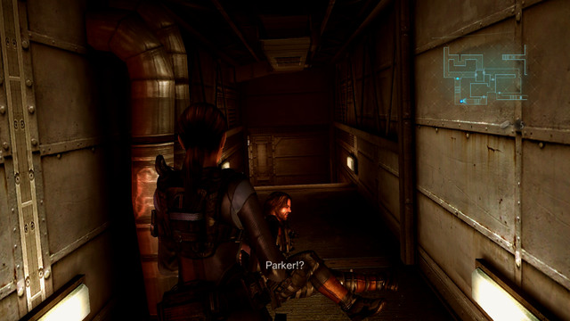 In one place you have to separate: go through door on right and help Parker escape - Tangled Webs - part II - Episode 10 - Resident Evil: Revelations - Game Guide and Walkthrough