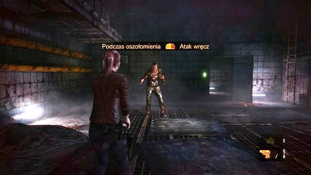 You can knock down the staggering opponent by dashing forward and using melee attack. - Escape the facility - cont. | Penal Colony - Claire - Penal Colony - Claire - Resident Evil: Revelations 2 Game Guide