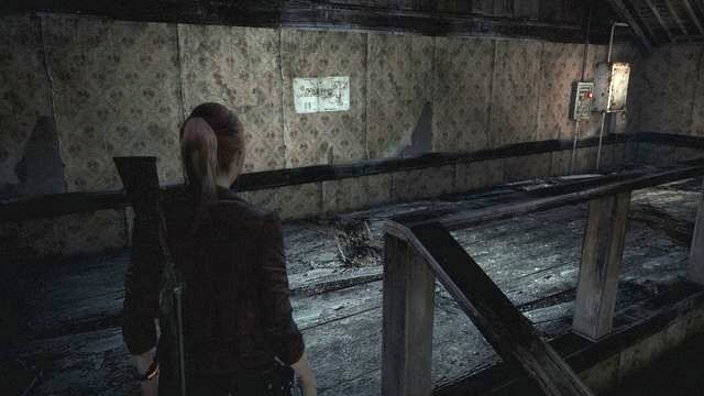 On the wall, there is a map hanging. Also, pay attention to the device hanging in the corner - enabling it will be necessary, later in this episode. - Explore the area | Contemplation - Claire - Contemplation - Claire - Resident Evil: Revelations 2 Game Guide