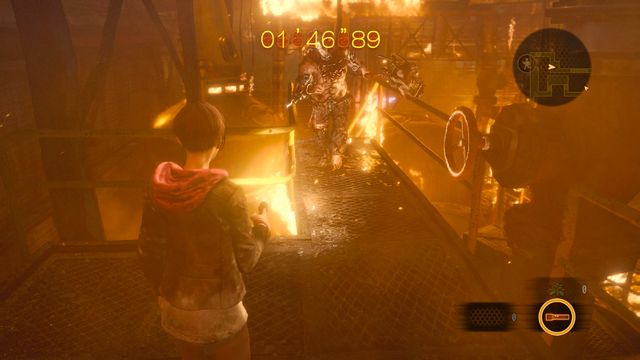 Step back so that you can perform a dodge. - Find Neil - Factory on fire | Judgement - Claire - Judgement - Claire - Resident Evil: Revelations 2 Game Guide