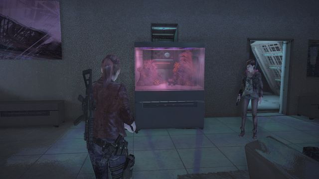 Break the aquarium and then move the shelf. - Find the Warden | Metamorphosis - Claire - Metamorphosis - Claire - Resident Evil: Revelations 2 Game Guide