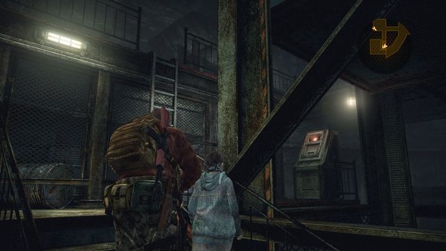 Ladder behind elevator leads to a room in which you will find key that activates the latter. - Follow Alex | Metamorphosis - Barry - Metamorphosis - Barry - Resident Evil: Revelations 2 Game Guide