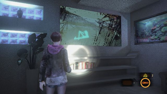 In the office on first level, on the painting in the left corner of the room - Kafka Drawings (Moira) - Metamorphosis | Emblems - Episode 4 - Metamorphosis - Tower emblems - Resident Evil: Revelations 2 Game Guide