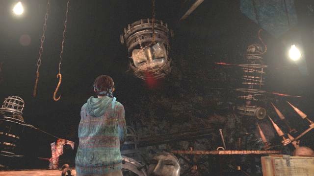 At the very bottom, after you walk through the territory with hanging dolls you will get to the place, where you can upgrade your weapons on the table - Insect larvae (Natalie) - Metamorphosis | Emblems - Episode 4 - Metamorphosis - Tower emblems - Resident Evil: Revelations 2 Game Guide