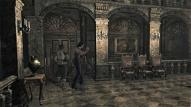 Take the door at the lower level of the main hall of the facility - The conference room puzzle | Umbrella Training Facility Walkthrough - Umbrella Training Facility - Resident Evil Zero HD Game Guide & Walkthrough