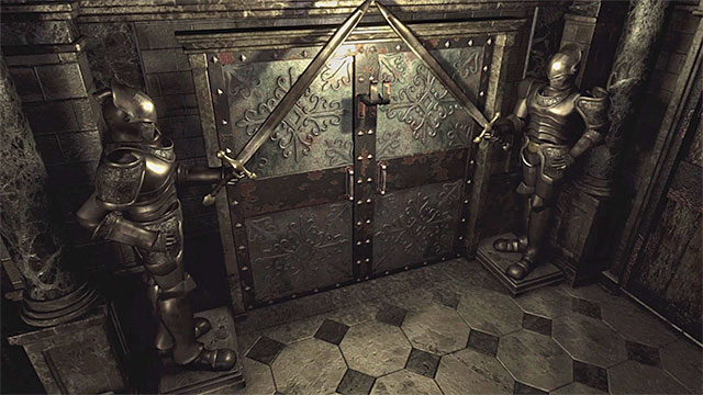 As a reward for solving the puzzle, the door with knight armors open. - The conference room puzzle | Umbrella Training Facility Walkthrough - Umbrella Training Facility - Resident Evil Zero HD Game Guide & Walkthrough