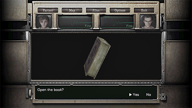 Start by accessing the inventory and examining the Book of Evil, which you have obtained by solving the chessboard puzzle - Unlocking access to the basement | Umbrella Training Facility Walkthrough - Umbrella Training Facility - Resident Evil Zero HD Game Guide & Walkthrough