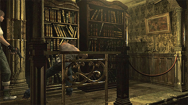 The shelf that you need to shove - Unlocking access to the basement | Umbrella Training Facility Walkthrough - Umbrella Training Facility - Resident Evil Zero HD Game Guide & Walkthrough