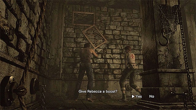 Confirm that you want to give Rebecca a boost to the hole in the wall - The beginning of exploration | Training Facility Basement Walkthrough - Training Facility Basement - Resident Evil Zero HD Game Guide & Walkthrough