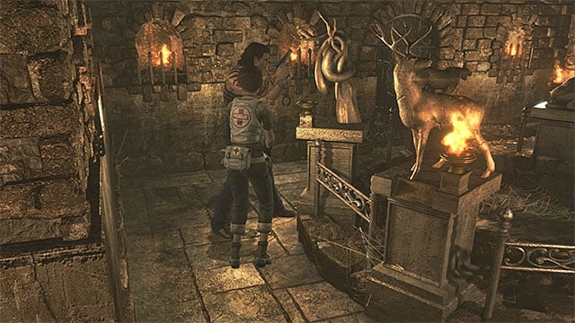 Light up the fifth one by the statue of the snake - The animal statues puzzle | Training Facility Basement Walkthrough - Training Facility Basement - Resident Evil Zero HD Game Guide & Walkthrough