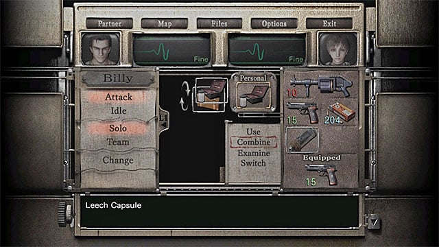 Open Rebeccas inventory, highlight the mixing set and Combine the Stripping Agent with Leech Capsule - Obtaining the Blue Leech Charm | Laboratory Walkthrough - Laboratory - Resident Evil Zero HD Game Guide & Walkthrough