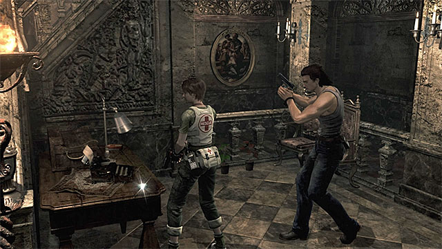 The typewriter is at the ground floor of the main hall - The beginning of exploration | Umbrella Training Facility Walkthrough - Umbrella Training Facility - Resident Evil Zero HD Game Guide & Walkthrough