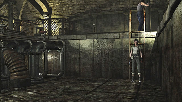 Rebecca needs to climb down he ladder into the pit with a cage - The beginning of exploration | Umbrella Training Facility Walkthrough - Umbrella Training Facility - Resident Evil Zero HD Game Guide & Walkthrough