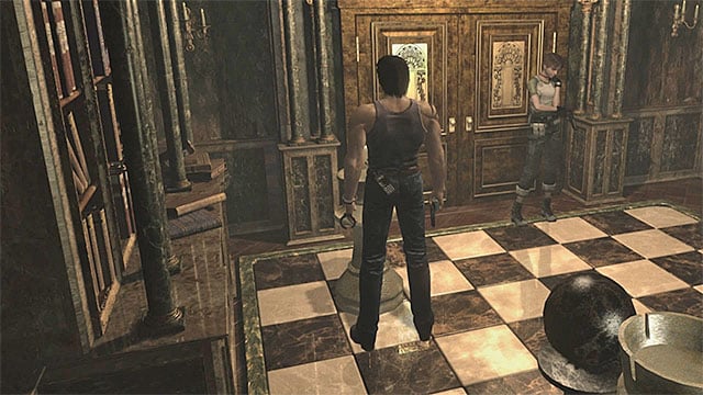 End the process of shoving the piece after you reach the next-to-last square (the above screenshot) - The chessboard puzzle | Umbrella Training Facility Walkthrough - Umbrella Training Facility - Resident Evil Zero HD Game Guide & Walkthrough