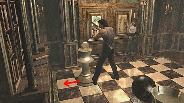 Stand to the right of the King piece and shove it to the left by one square (the above screenshot) - The chessboard puzzle | Umbrella Training Facility Walkthrough - Umbrella Training Facility - Resident Evil Zero HD Game Guide & Walkthrough
