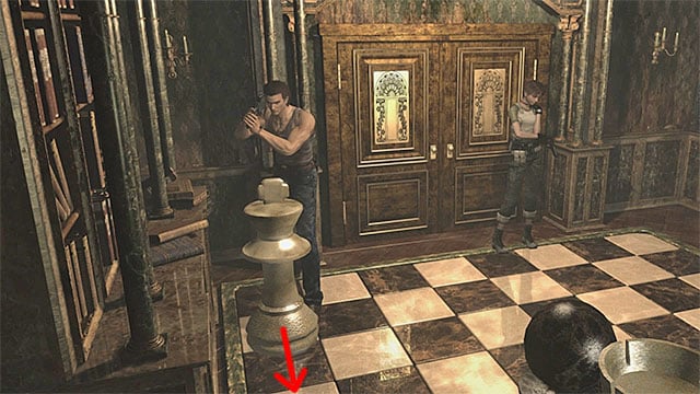 Stand behind the piece and start shoving it towards the remaining ones (the above screenshot) - The chessboard puzzle | Umbrella Training Facility Walkthrough - Umbrella Training Facility - Resident Evil Zero HD Game Guide & Walkthrough