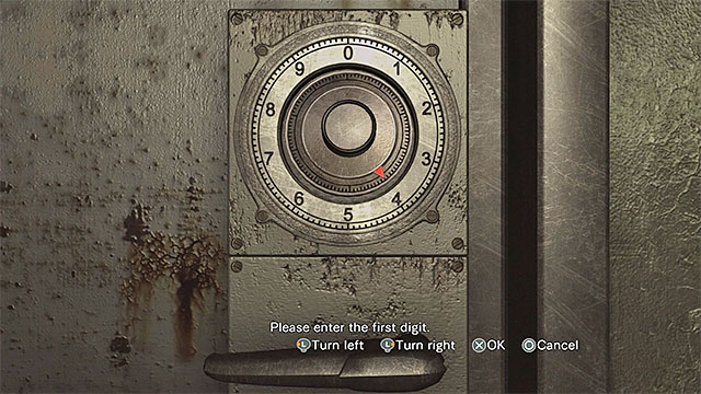 Rotate the dial so that it shows the number from the combination (in this example number 4) and select OK. - Gaining access to the area with the cable car | Laboratory Walkthrough - Laboratory - Resident Evil Zero HD Game Guide & Walkthrough