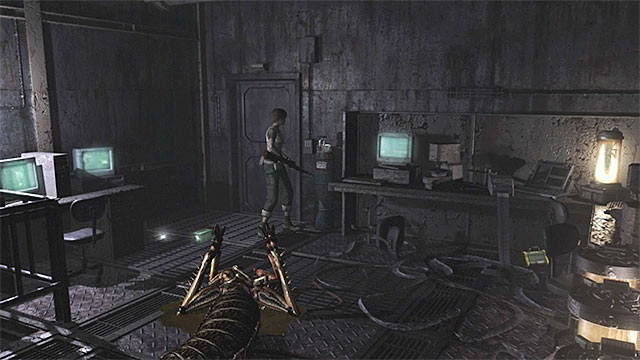 The blue container is at the door - Building a working battery | Treatment Plant Walkthrough - Treatment Plant - Resident Evil Zero HD Game Guide & Walkthrough