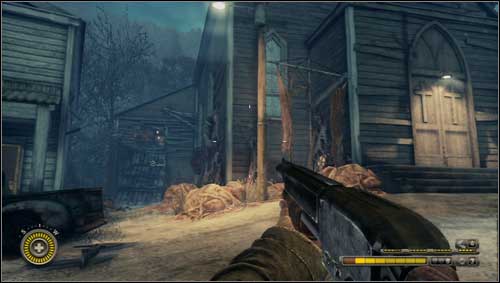 Get to the street against the church [1] keeping the left side - Chapter 11 - p. 1 - Walkthrough - Resistance 3 - Game Guide and Walkthrough