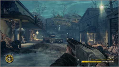 When you come back to the streets of the town move on and then turn left and continue towards the big inscription [1] - Chapter 11 - p. 2 - Walkthrough - Resistance 3 - Game Guide and Walkthrough