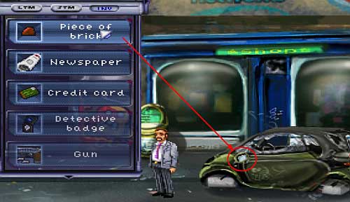 Return to the Stripped car and move the Piece of brick from INV on the Car mirror (circle) - 7:05-Detective Bennet - Walkthrough - Resonance - Game Guide and Walkthrough