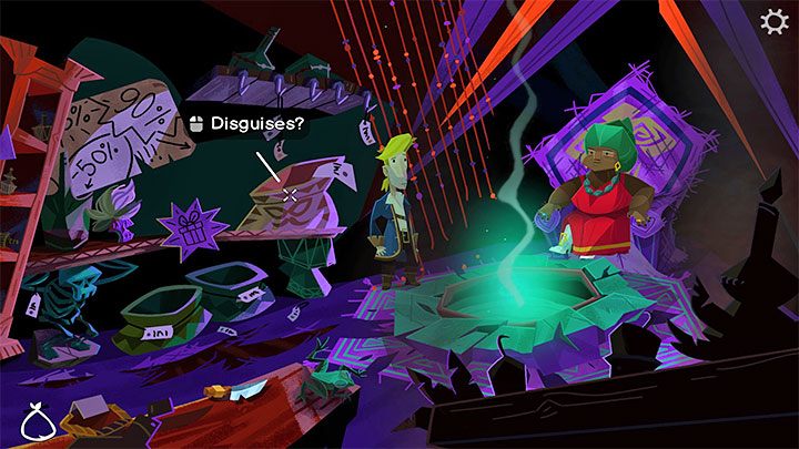 After the conversation, examine the Disguises container and you will learn about the Eyepatch of Jon Laney and its magical properties - Return to Monkey Island: Get a disguise - walkthrough - Part 1 - A Friendly Place - Return to Monkey Island Walkthrough