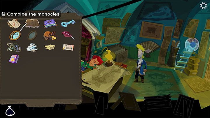 Open your inventory and combine both monocles - Return to Monkey Island: Get a disguise - walkthrough - Part 1 - A Friendly Place - Return to Monkey Island Walkthrough