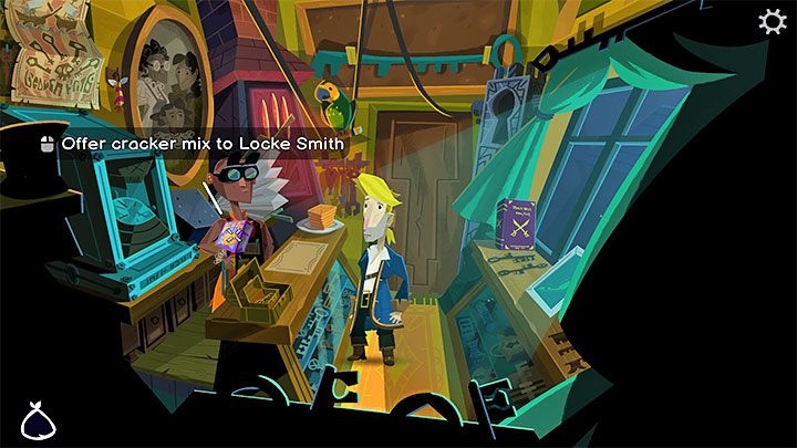 Choose crackers from the inventory you took from the museum store and offer them to Locke Smith - Return to Monkey Island: Get a disguise - walkthrough - Part 1 - A Friendly Place - Return to Monkey Island Walkthrough