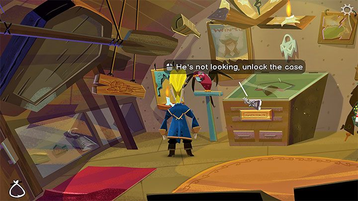 2) Use the key to open the display case - by distracting the parrot, it will not trigger an alarm - Return to Monkey Island: Get a disguise - walkthrough - Part 1 - A Friendly Place - Return to Monkey Island Walkthrough