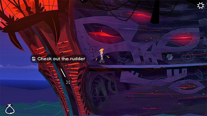 Climb up again using the anchor, but this time move left, to the rudder and Gullet trapped in it - Return to Monkey Island: Learn LeChucks secrets - walkthrough - Part 3 - Return to Monkey Island - Return to Monkey Island Walkthrough