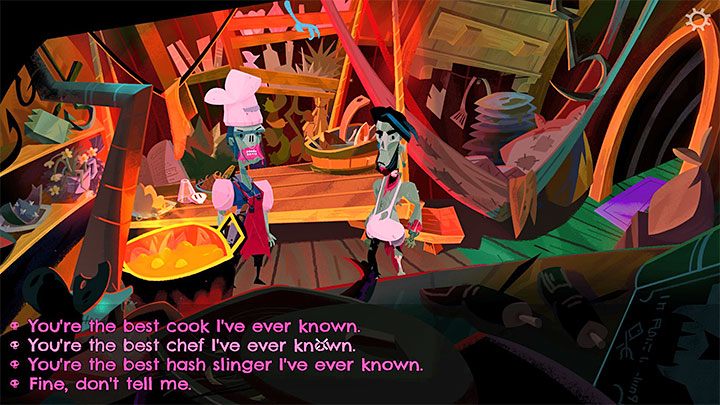 As for the favorite food, you have to talk to Putra in the Galley - Return to Monkey Island: Learn LeChucks secrets - walkthrough - Part 3 - Return to Monkey Island - Return to Monkey Island Walkthrough