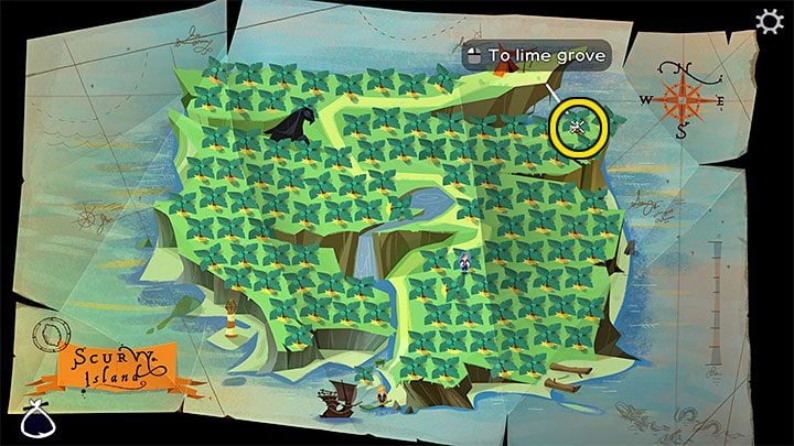 Now go to Scurvy Island and from the map of the island select the part of the grove where the seagull is visible - we have marked it in the picture above - Return to Monkey Island: Bella Fishers Golden Key - walkthrough, solution - Part 4 - Things Get Complicated - Return to Monkey Island Walkthrough